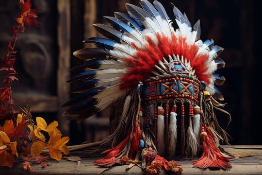 A colorful Native American headdress with feathers and beads