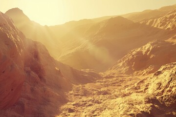 A desert landscape with a sun shining on the rocks