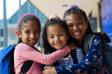 Three biracial girls are smiling and embracing in a school setting