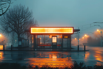 A deserted gas station stands empty under the rain, illuminated only by the dim glow of streetlights, mockup - obrazy, fototapety, plakaty