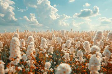 A field covered in white flowers stretches under a clear blue sky, copy space 