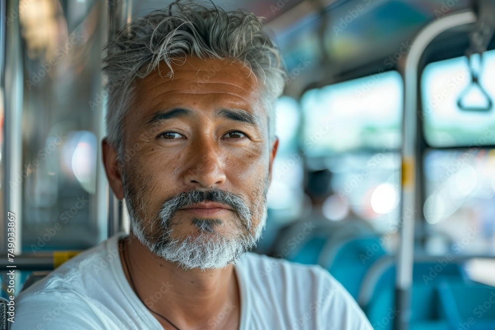 Poster a man travels on public transport from work. background with selective focus and copy space