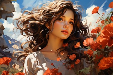 A woman with long brown hair is standing in a field of red flowers