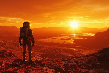 A man in a spacesuit stands on a rocky, red planet, looking out at the sun