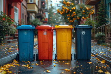 A line of trash cans placed neatly along the side of a road, awaiting collection or disposal, mockups