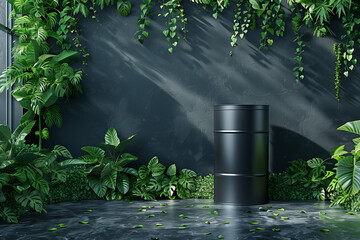 A black trash can stands in front of a black wall with green ivy leaves, mockups