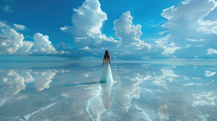 Woman in white dress walking on mirror-like salt flats under cloud-filled sky