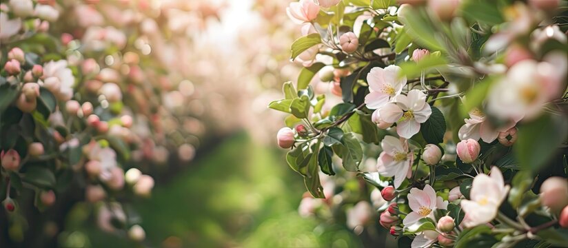 A row of apple trees in full bloom with white flowers lining a garden in the spring. The trees are filled with delicate blossoms, creating a beautiful scene of nature awakening.