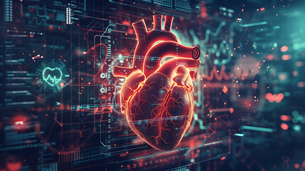
This captivating image portrays a digitally enhanced human heart surrounded by an array of holographic and futuristic elements