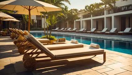 Obraz na płótnie Canvas sun lounger with umbrella by the pool, hotel