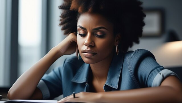 A tense African-American woman holds her head in her hands, feeling tired, sitting at an office desk and working online on a laptop. Portrait of an exhausted manager or secretary in the workplace