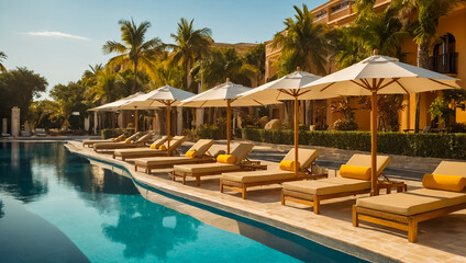Fototapeta premium sun lounger with umbrella by the pool, hotel paradise