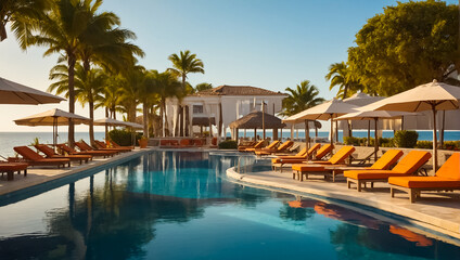 Fototapeta na wymiar sun lounger with umbrella by the pool, hotel paradise