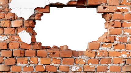 An irregular hole smashed through a weathered brick wall with crumbling edges, revealing a glimpse of blue sky beyond, rendered as a cutout PNG image with a transparent background