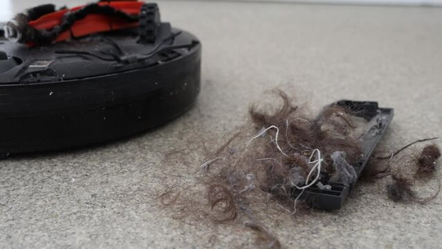 Robot vacuum and pile of dust, establisher close up