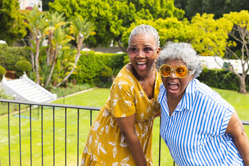 Senior African American woman and senior biracial woman share a joyful moment outdoors - Powered by Adobe