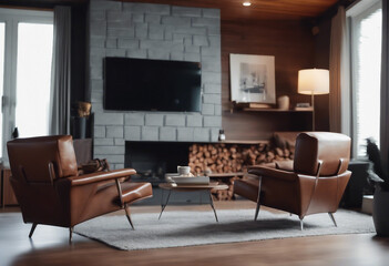 Brown leather chairs and grey sofa in room with fireplace Mid-century style home interior design of