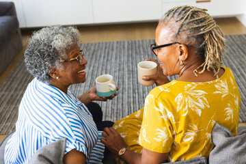 Senior African American woman and senior biracial woman enjoy a conversation over coffee - obrazy, fototapety, plakaty