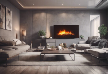 Interior of room with fireplace and plasma tv 3d