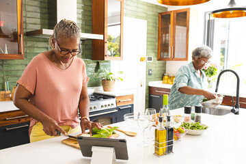 Senior African American woman chops vegetables as a senior biracial woman washes produce - Powered by Adobe