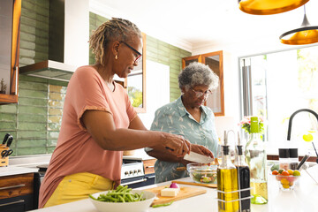 Senior African American woman and senior biracial woman are cooking together in a kitchen - Powered by Adobe