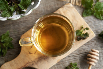 A cup of herbal tea with young stinging nettle leaves