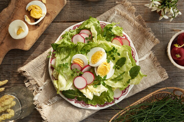 Spring salad with eggs and wild edible plants - chickweed, nipplewort and yarrow