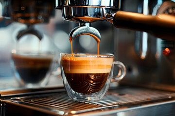 Espresso poruing from coffee machine at cafe