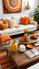 Chic bohemian arrangement in living room featuring a white sofa, a wooden coffee table, and sophisticated personal items. vibrant pillows with patterns in orange and yellow. interior design.