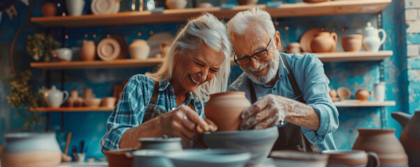 Fototapeta na wymiar Elderly couple enjoying a pottery class representing creativity and companionship in social activities