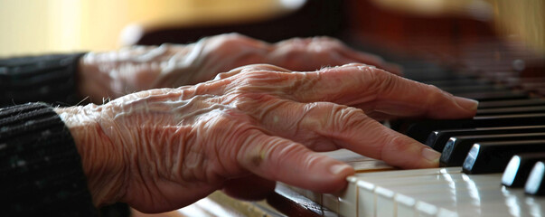 Elderly hands playing the piano showcasing the importance of music as a lifelong hobby for seniors