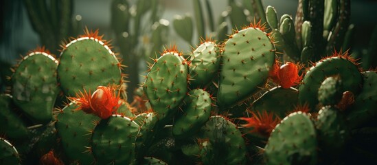 Several cactus plants with red flowers blooming on top, standing out against the green spiky stems. The vibrant red flowers add a pop of color to the desert landscape.