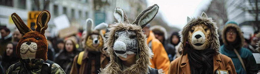 Environmental activists in animal costumes at a protest drawing attention to biodiversity loss and the need for conservation measures