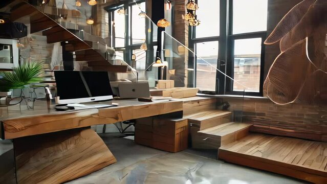 Interior of modern loft office with wooden furniture, coffee table and laptop on it