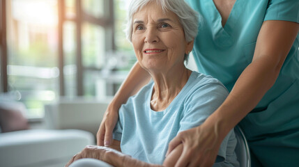 Photo of a senior woman receiving physical therapy in a nursing home with a close up on the therapists hands guiding her gently symbolizing care and recovery - obrazy, fototapety, plakaty