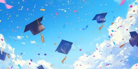 University college graduation celebration for students, graduation hats up in the sky with confetti 