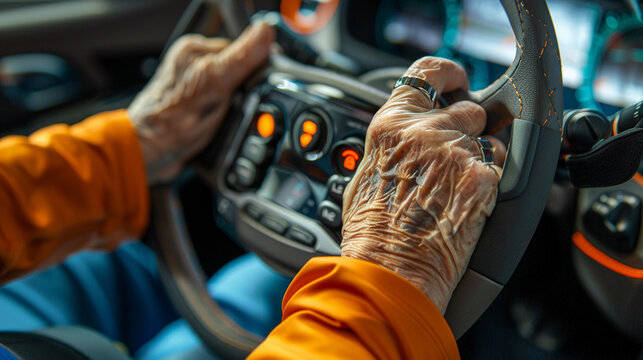 Photo of a seniors hands on a cars adaptive driving equipment with a close up on the specialized controls and their hands demonstrating customized driving solutions