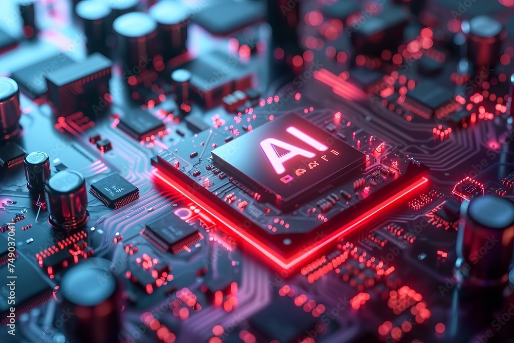 Poster shining ai icon: cpu with interactive holographic security