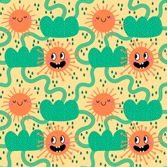Summer cartoon weather seamless sun and clouds pattern for wrapping paper and fabrics and linens and kids