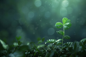 Beautiful green clover sticking out from the vegetation on a beautiful background with bokeh and empty space for text or inscriptions, happy motif
