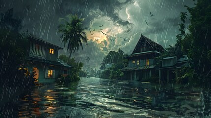A severe tropical storm with heavy rainfall caused a major flooding, and the floodwaters inundated houses. The inclement weather resulted in the flooding. digital ai art