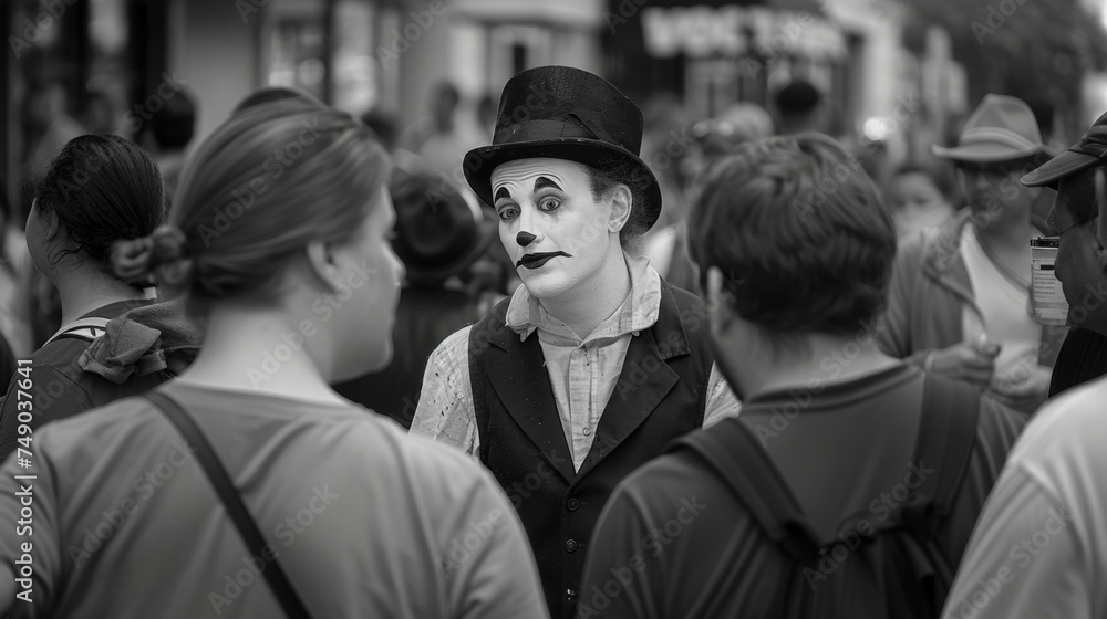 Poster a mime engages with curious onlookers his exaggerated gestures and expressions bringing a touch of w