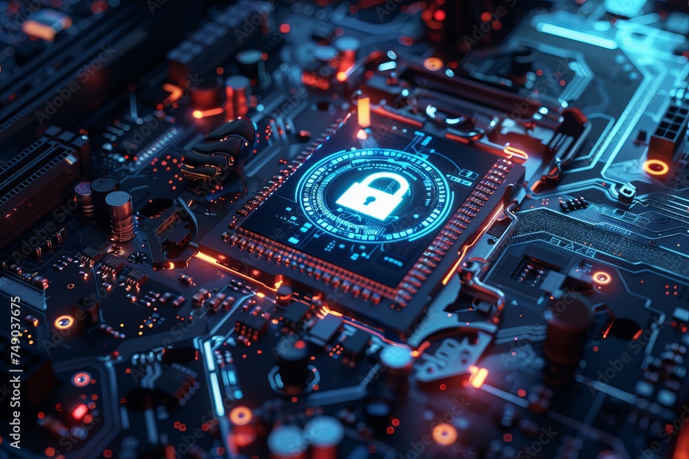 Poster glowing padlock symbol atop cpu with holographic security features