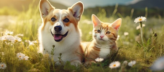 A corgi dog and a tabby cat, two adorable fluffy companions, are laying together in a bright spring meadow under the sunny sky.