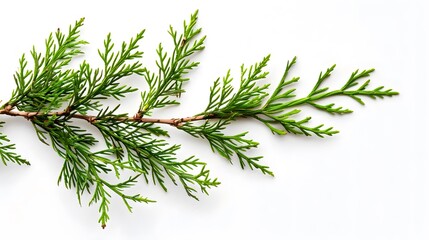Closeup of green twig of thuja the cypress family on white background