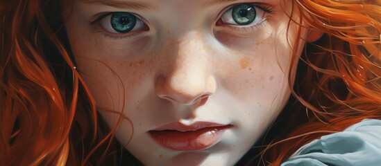 A close-up portrait of a young girl with striking red hair and piercing blue eyes, her gaze directed downwards, capturing a moment of introspection and contemplation.