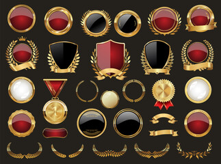 Collection of golden badge shield ribbon and laurels vector illustration collection
