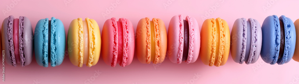 Wall mural macaroons of bright colors lie in a row horizontally on a light background