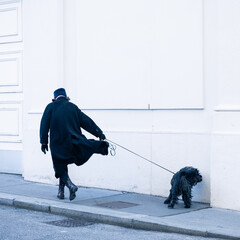 person walking the dog on the street