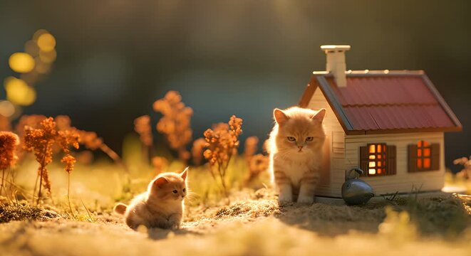 cat with cute miniature house. animal world